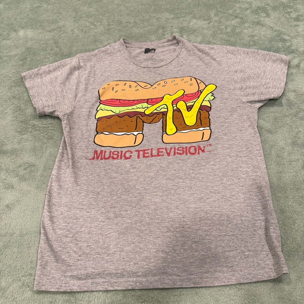MTV Music Television Burger Logo Graphic T-Shirt Gray Size M